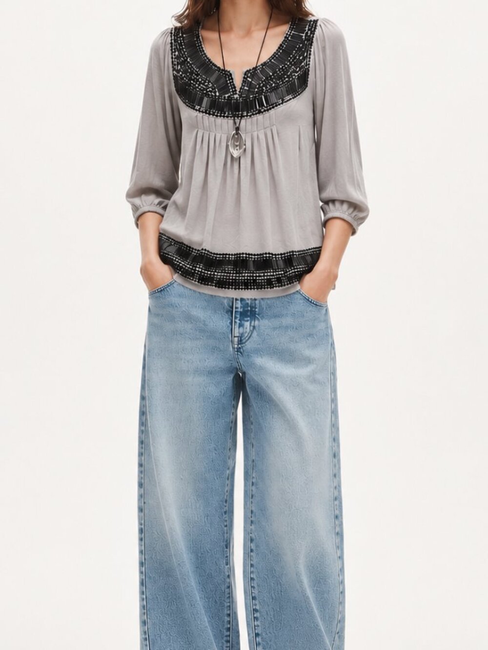 Sequin Embellished Jersey Long Sleeve Top (0386)